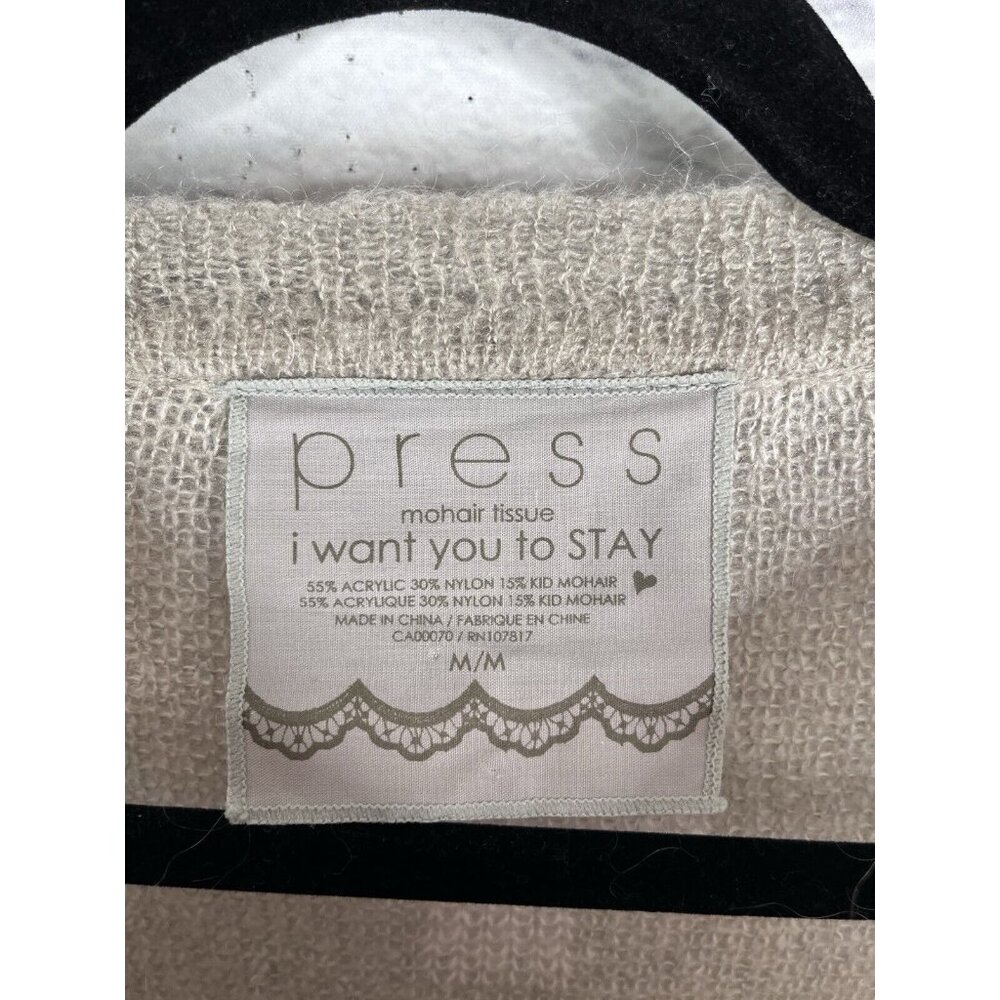 PRESS MOHAIR TISSUE Women's Tan Cross Lightweight Crew Neck Sweater Medium - Picture 3 of 5